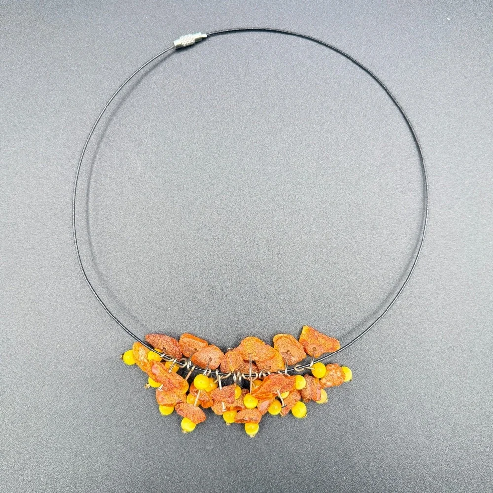 Amber Chip Bead Cluster Necklace Bohemian Statement Artisan Festival Gift